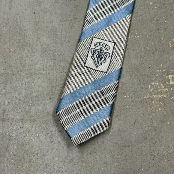 GUCCI Tie 100% Silk Made in Italy Textured Striped Pattern Blue Skinny 2.75" - Picture 6 of 9